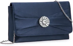 CHARMING TAILOR Evening Bag for Women Pleated Flap Satin Formal Purse Diamantes Brooch Embellished Clutch