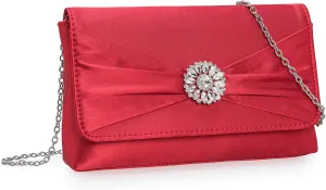 CHARMING TAILOR Evening Bag for Women Pleated Flap Satin Formal Purse Diamantes Brooch Embellished Clutch