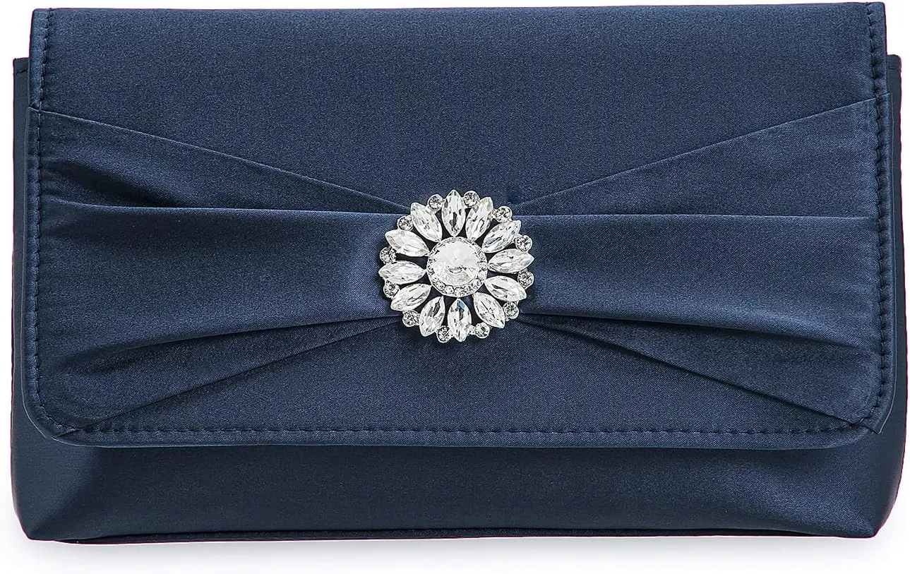 CHARMING TAILOR Evening Bag for Women Pleated Flap Satin Formal Purse Diamantes Brooch Embellished Clutch