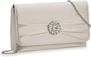 CHARMING TAILOR Evening Bag for Women Pleated Flap Satin Formal Purse Diamantes Brooch Embellished Clutch