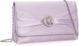 CHARMING TAILOR Evening Bag for Women Pleated Flap Satin Formal Purse Diamantes Brooch Embellished Clutch