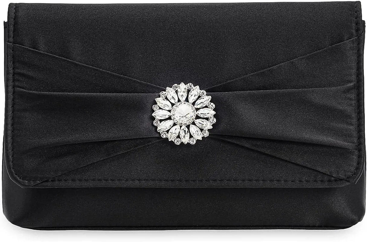 CHARMING TAILOR Evening Bag for Women Pleated Flap Satin Formal Purse Diamantes Brooch Embellished Clutch