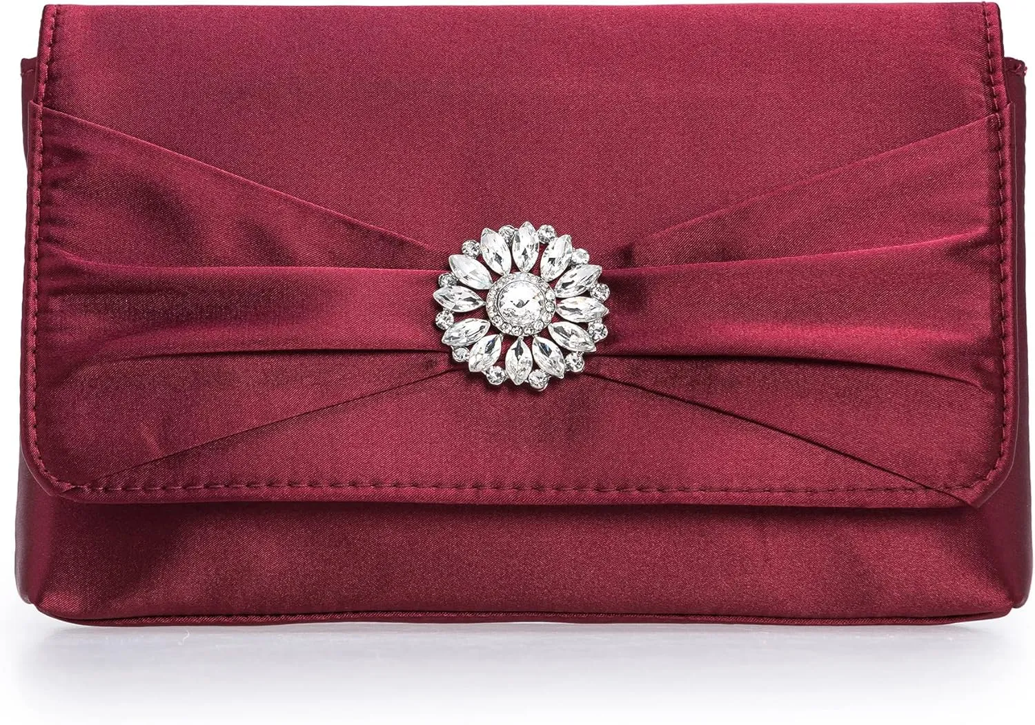 CHARMING TAILOR Evening Bag for Women Pleated Flap Satin Formal Purse Diamantes Brooch Embellished Clutch