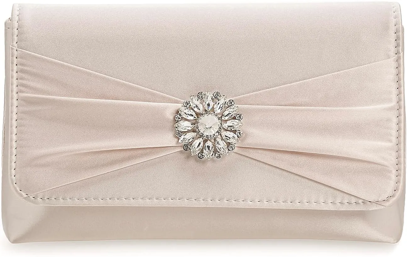 CHARMING TAILOR Evening Bag for Women Pleated Flap Satin Formal Purse Diamantes Brooch Embellished Clutch