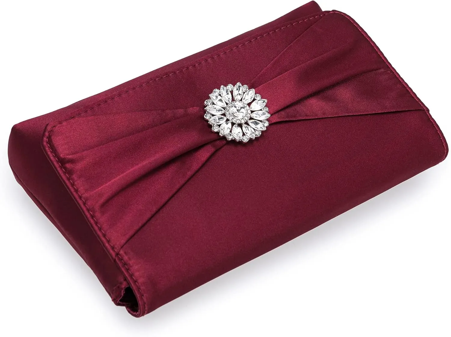 CHARMING TAILOR Evening Bag for Women Pleated Flap Satin Formal Purse Diamantes Brooch Embellished Clutch