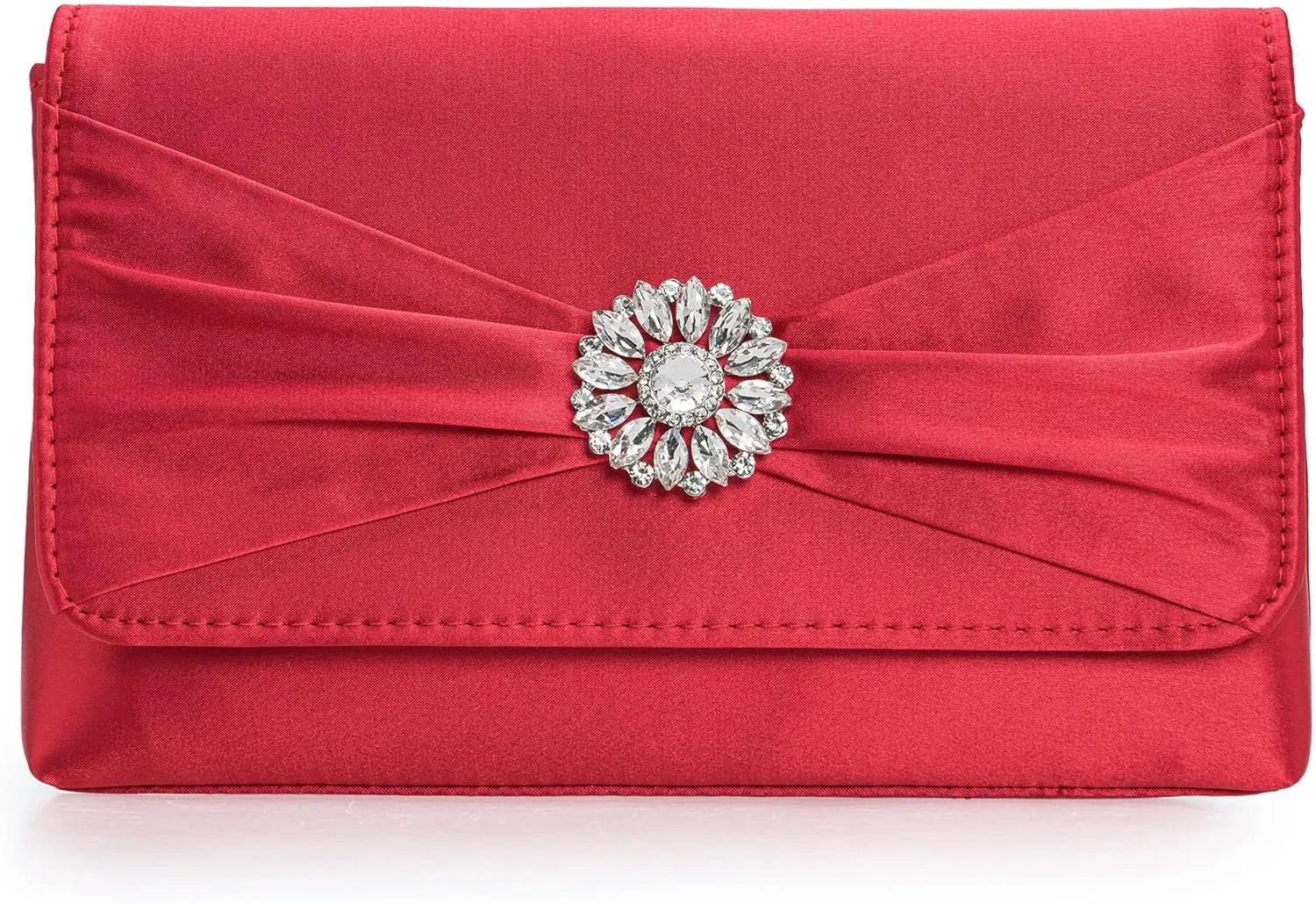 CHARMING TAILOR Evening Bag for Women Pleated Flap Satin Formal Purse Diamantes Brooch Embellished Clutch