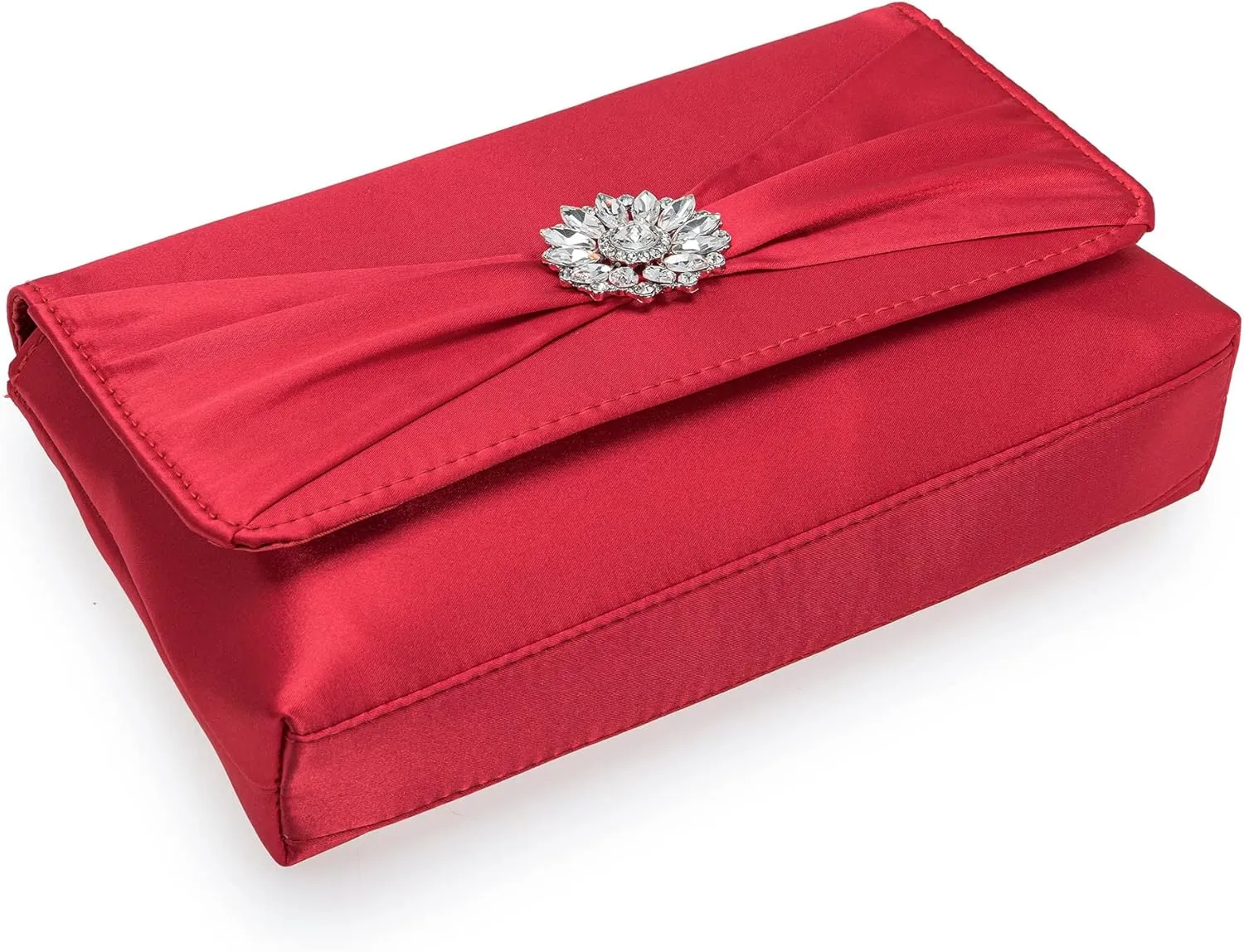 CHARMING TAILOR Evening Bag for Women Pleated Flap Satin Formal Purse Diamantes Brooch Embellished Clutch