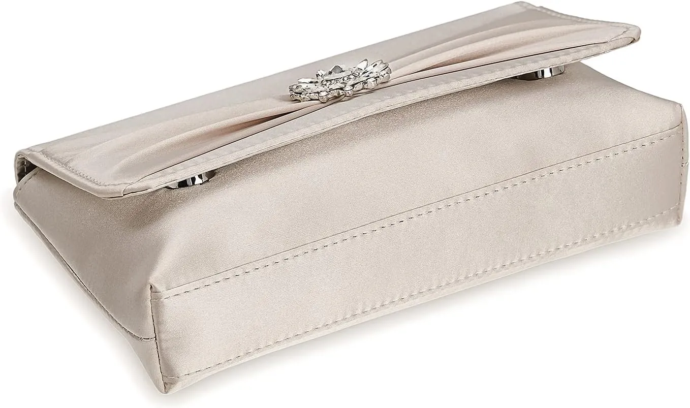 CHARMING TAILOR Evening Bag for Women Pleated Flap Satin Formal Purse Diamantes Brooch Embellished Clutch