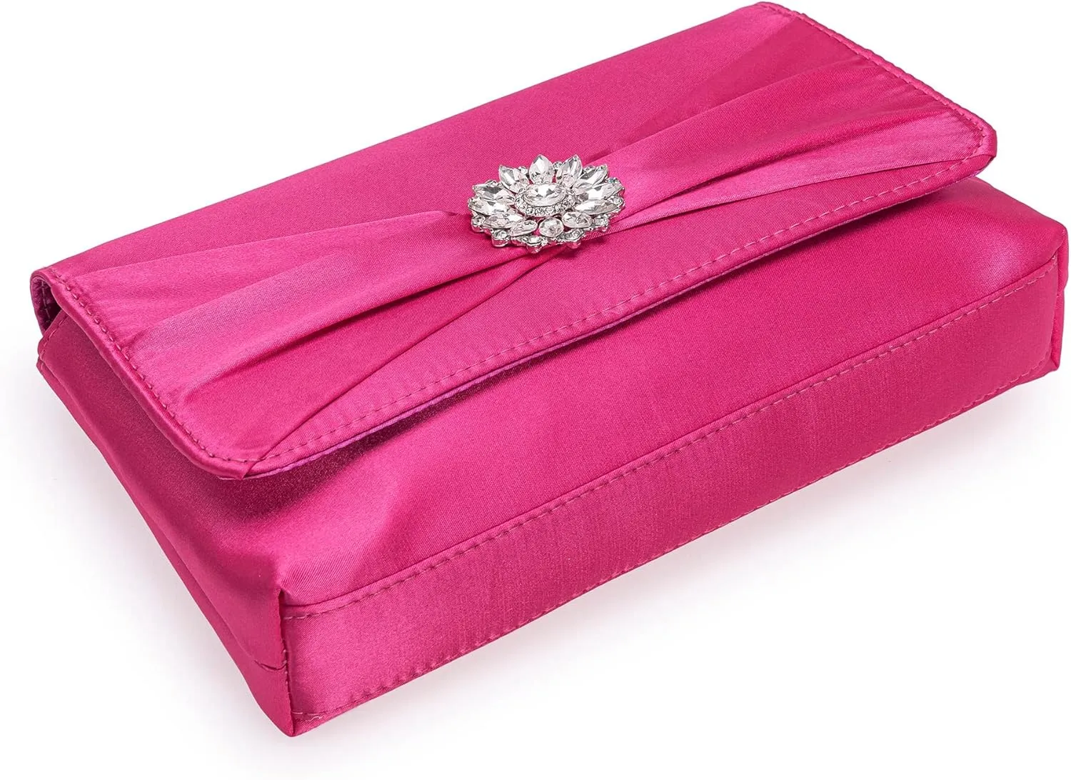CHARMING TAILOR Evening Bag for Women Pleated Flap Satin Formal Purse Diamantes Brooch Embellished Clutch
