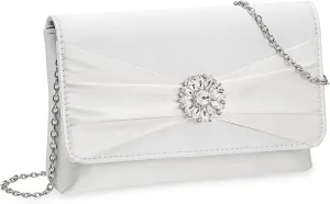 CHARMING TAILOR Evening Bag for Women Pleated Flap Satin Formal Purse Diamantes Brooch Embellished Clutch