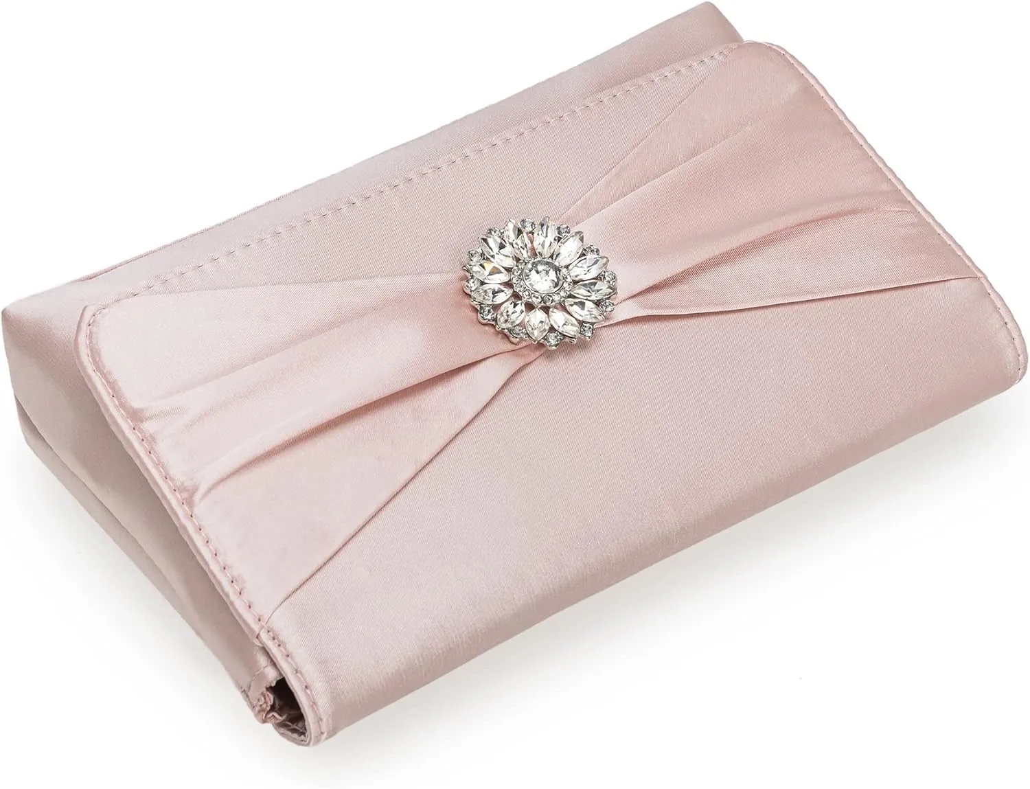 CHARMING TAILOR Evening Bag for Women Pleated Flap Satin Formal Purse Diamantes Brooch Embellished Clutch
