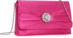 CHARMING TAILOR Evening Bag for Women Pleated Flap Satin Formal Purse Diamantes Brooch Embellished Clutch