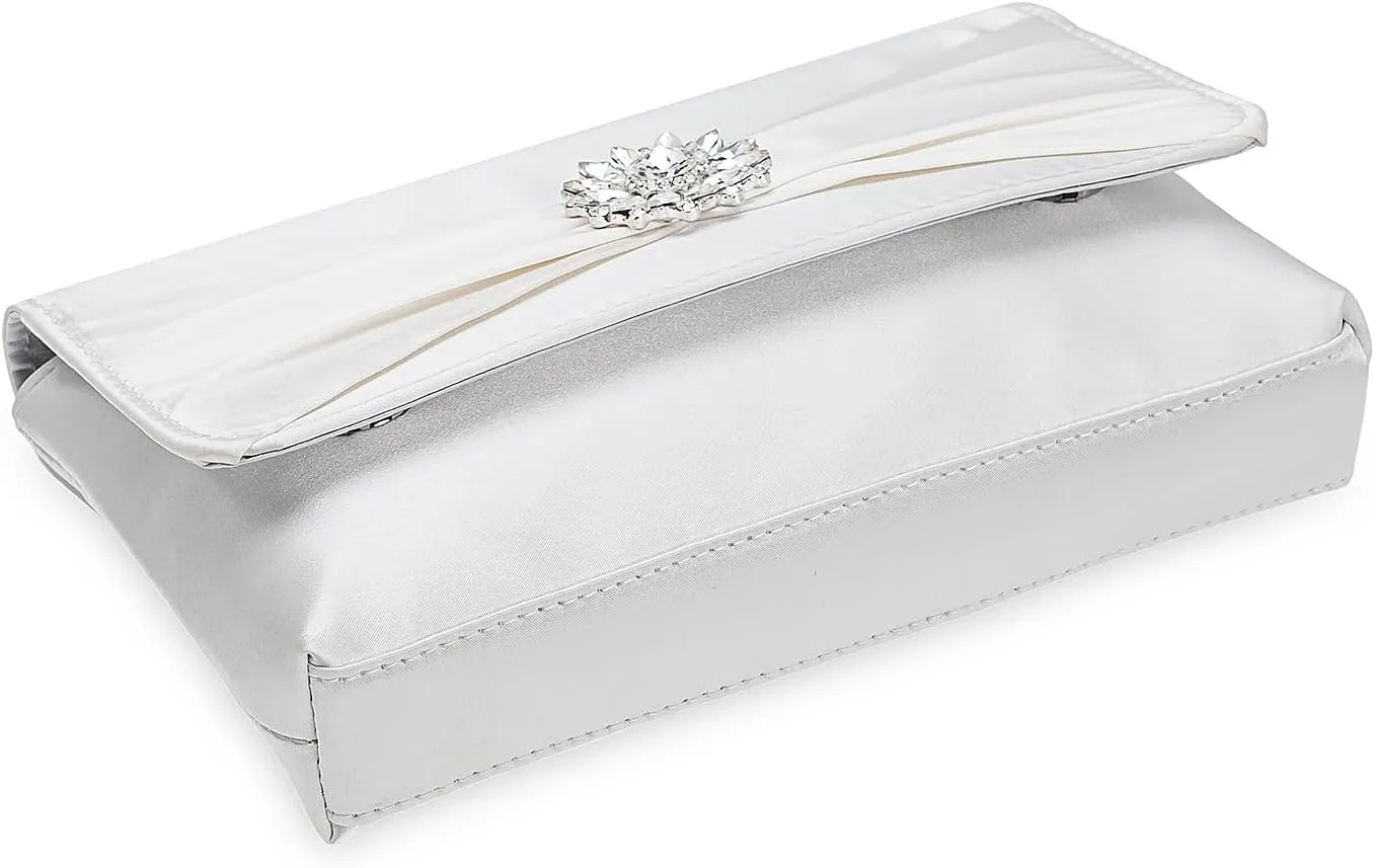 CHARMING TAILOR Evening Bag for Women Pleated Flap Satin Formal Purse Diamantes Brooch Embellished Clutch