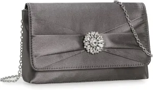 CHARMING TAILOR Evening Bag for Women Pleated Flap Satin Formal Purse Diamantes Brooch Embellished Clutch