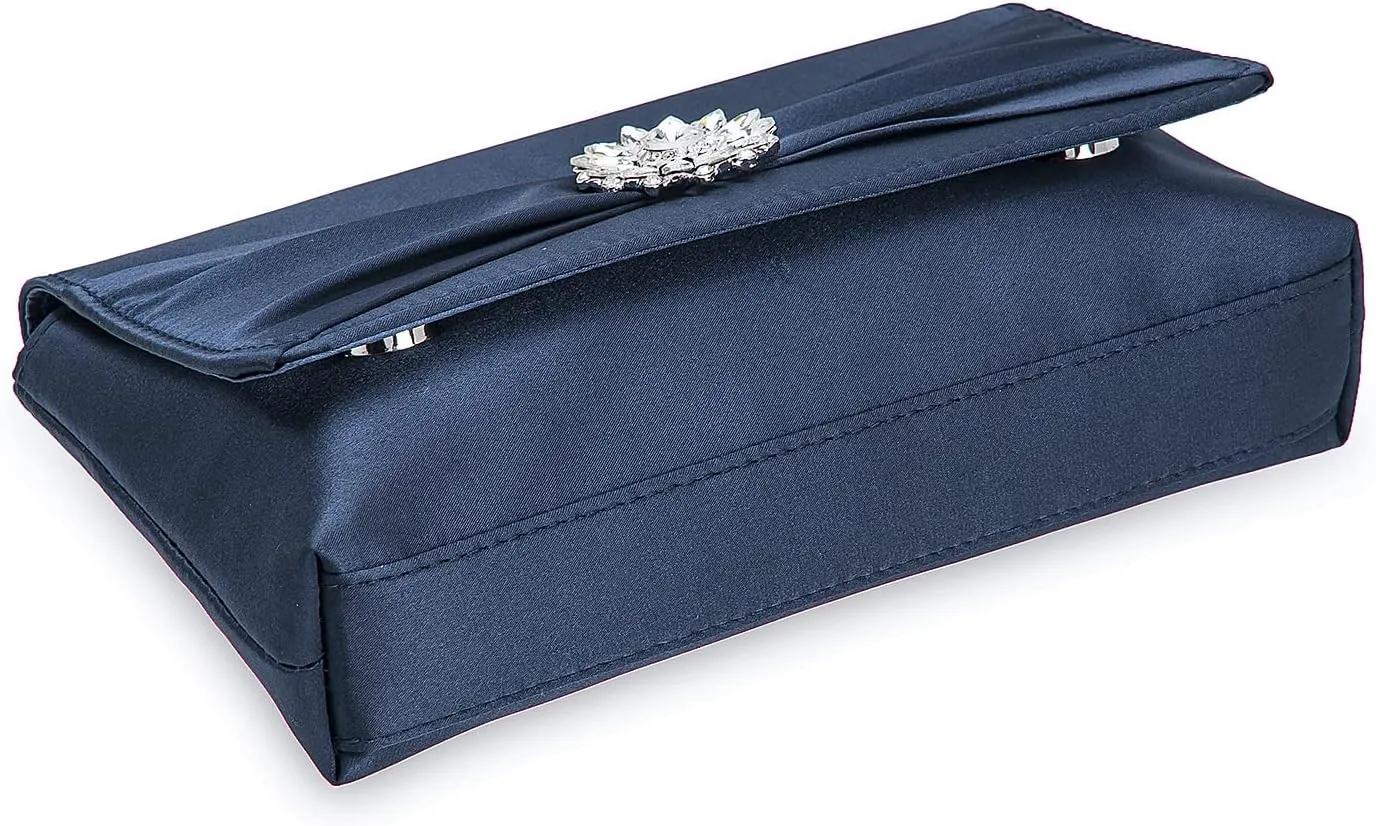CHARMING TAILOR Evening Bag for Women Pleated Flap Satin Formal Purse Diamantes Brooch Embellished Clutch