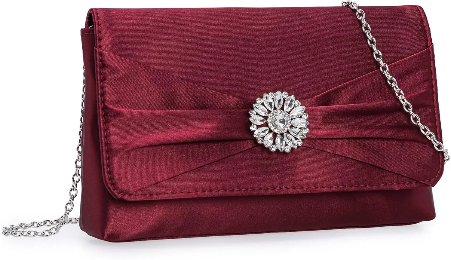 CHARMING TAILOR Evening Bag for Women Pleated Flap Satin Formal Purse Diamantes Brooch Embellished Clutch