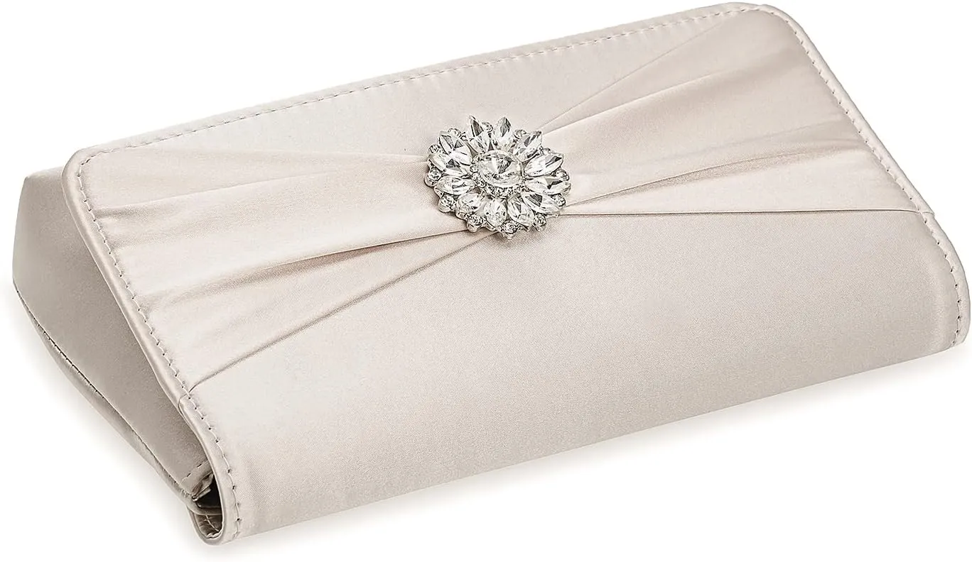 CHARMING TAILOR Evening Bag for Women Pleated Flap Satin Formal Purse Diamantes Brooch Embellished Clutch