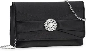 CHARMING TAILOR Evening Bag for Women Pleated Flap Satin Formal Purse Diamantes Brooch Embellished Clutch