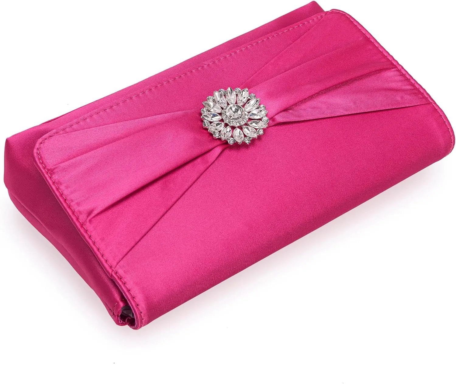 CHARMING TAILOR Evening Bag for Women Pleated Flap Satin Formal Purse Diamantes Brooch Embellished Clutch