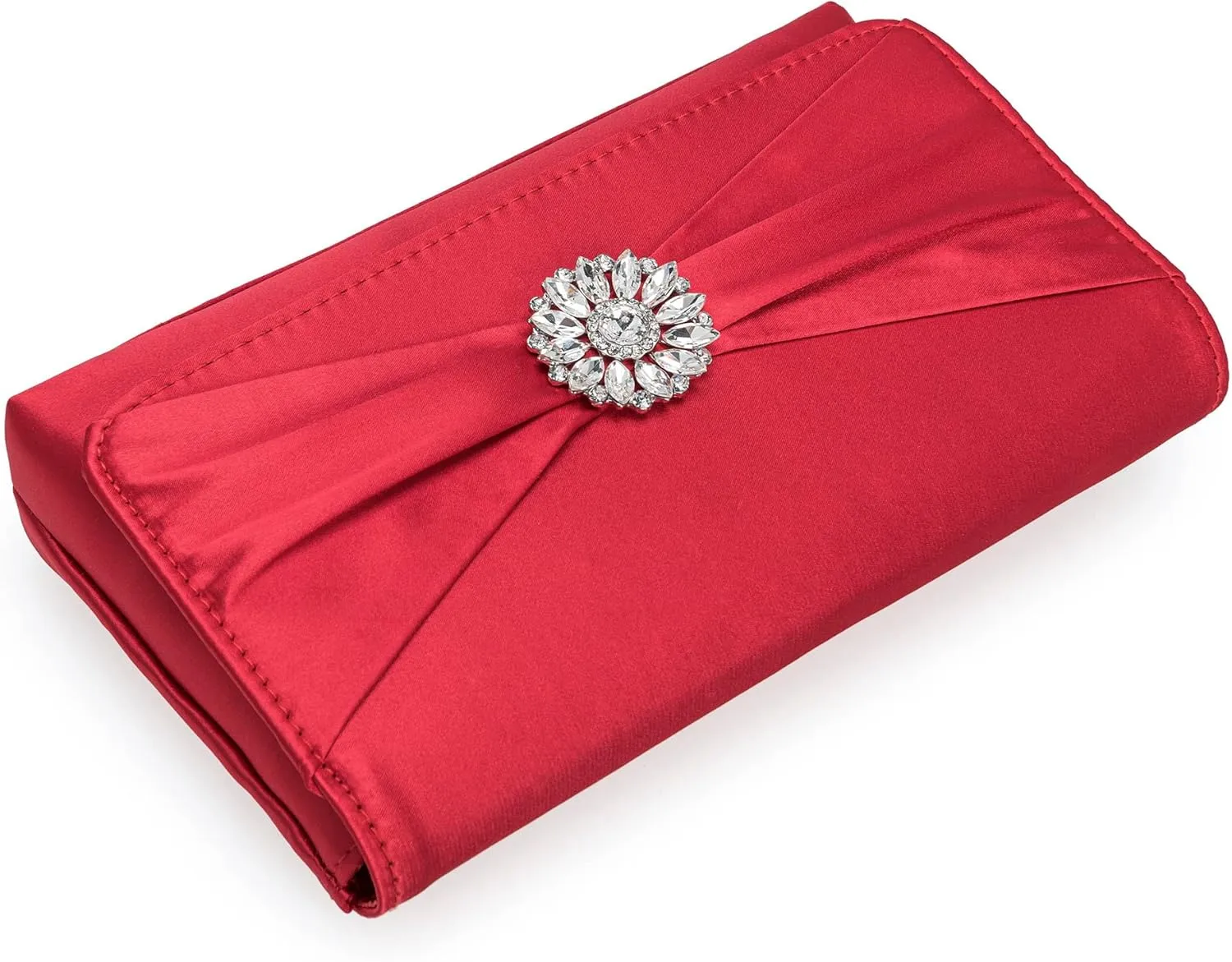 CHARMING TAILOR Evening Bag for Women Pleated Flap Satin Formal Purse Diamantes Brooch Embellished Clutch
