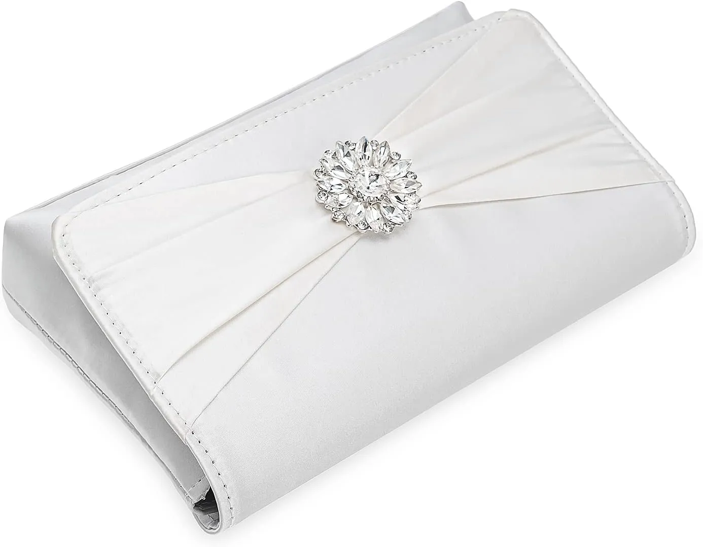 CHARMING TAILOR Evening Bag for Women Pleated Flap Satin Formal Purse Diamantes Brooch Embellished Clutch