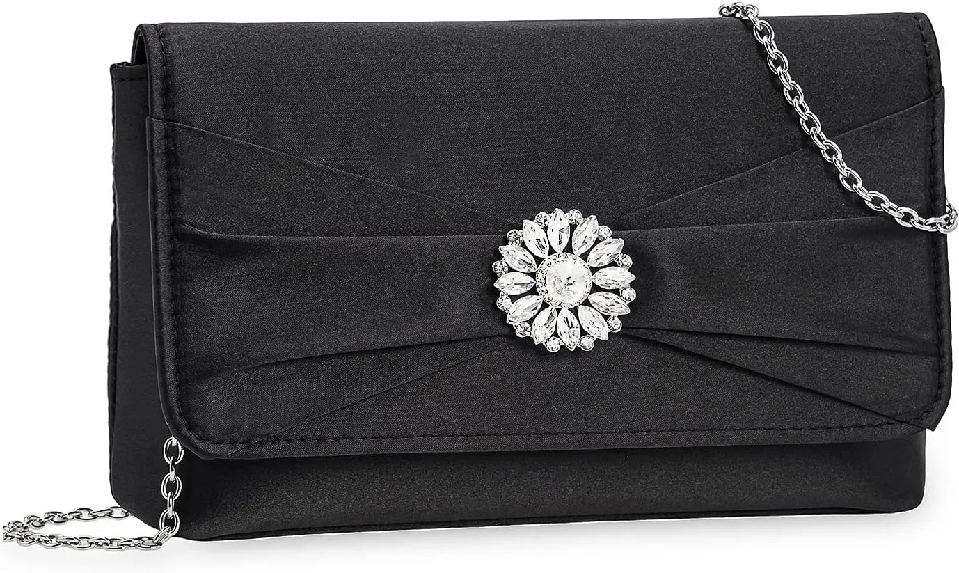 CHARMING TAILOR Evening Bag for Women Pleated Flap Satin Formal Purse Diamantes Brooch Embellished Clutch