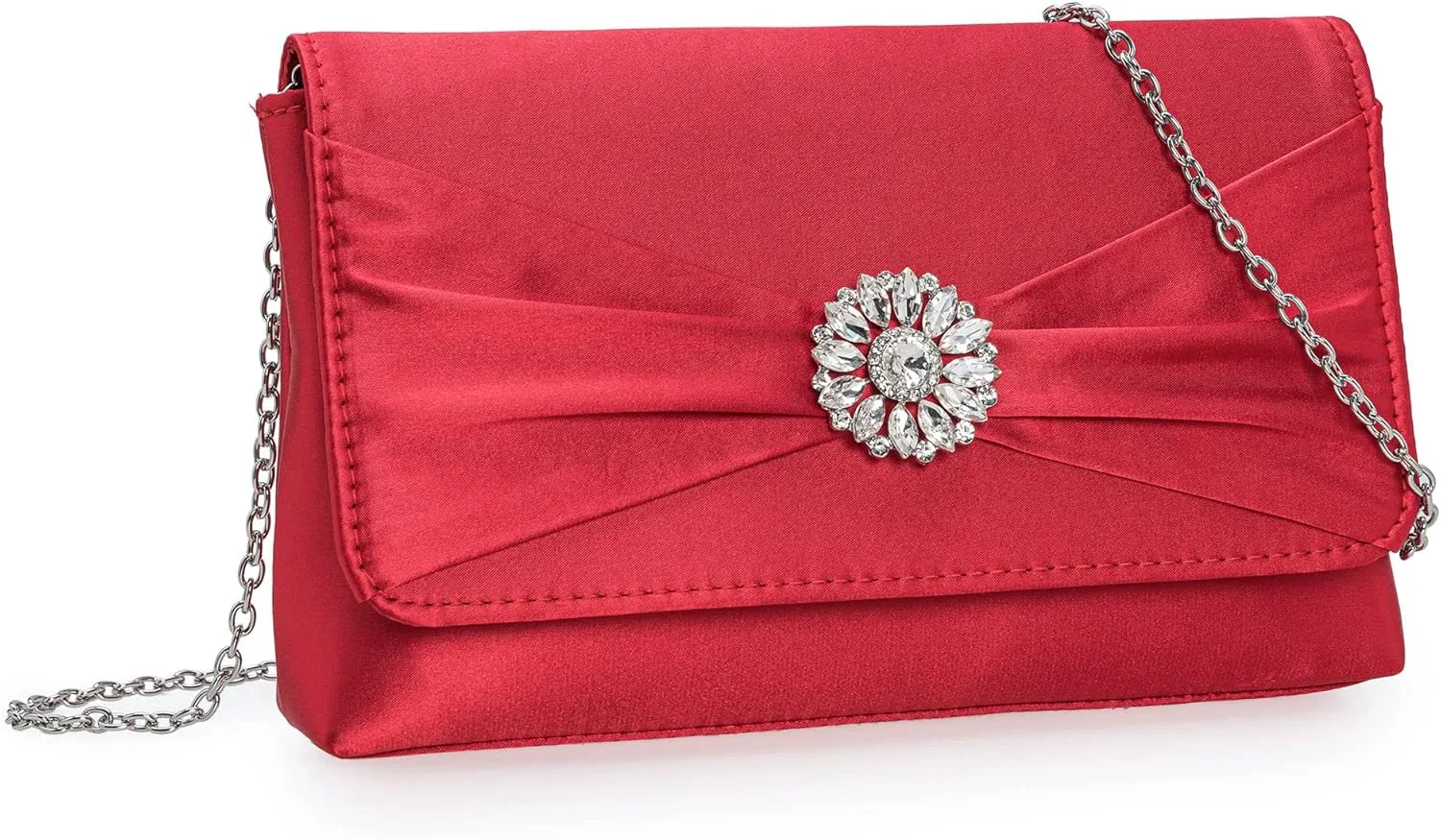 CHARMING TAILOR Evening Bag for Women Pleated Flap Satin Formal Purse Diamantes Brooch Embellished Clutch