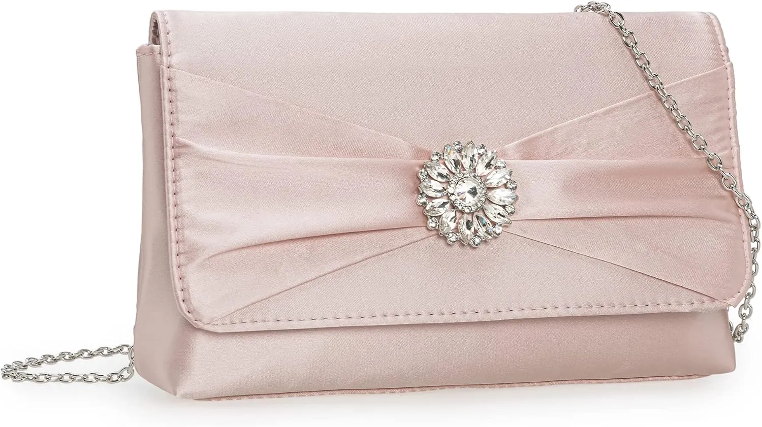 CHARMING TAILOR Evening Bag for Women Pleated Flap Satin Formal Purse Diamantes Brooch Embellished Clutch