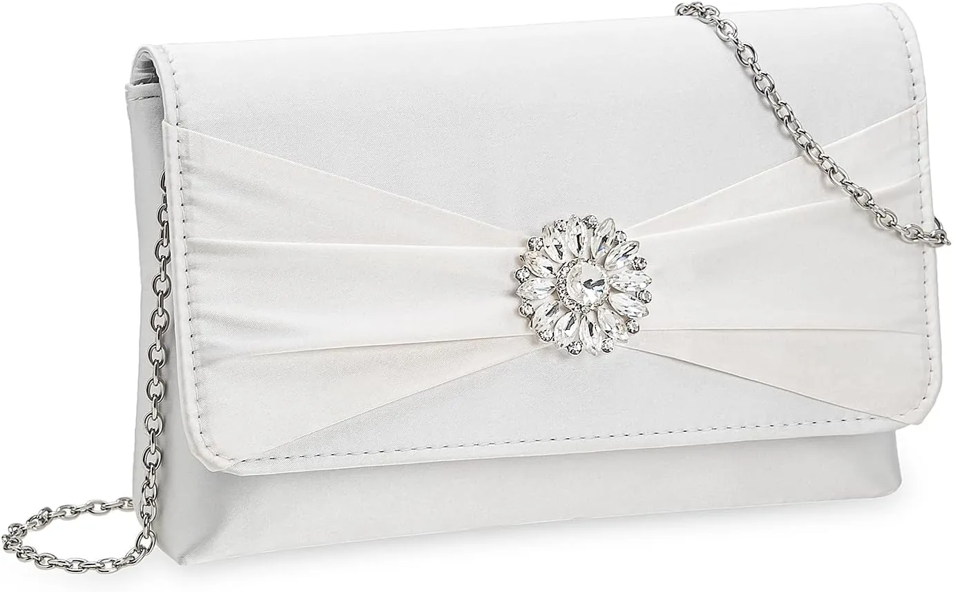 CHARMING TAILOR Evening Bag for Women Pleated Flap Satin Formal Purse Diamantes Brooch Embellished Clutch
