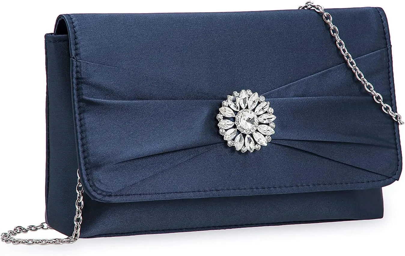 CHARMING TAILOR Evening Bag for Women Pleated Flap Satin Formal Purse Diamantes Brooch Embellished Clutch