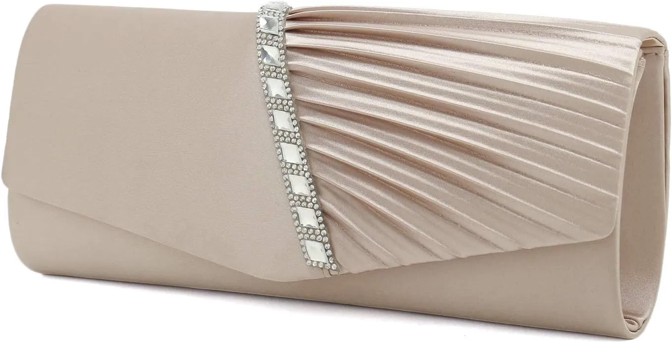 CHARMING TAILOR Evening Handbag Crystal Embellished and Pleated Satin Clutch