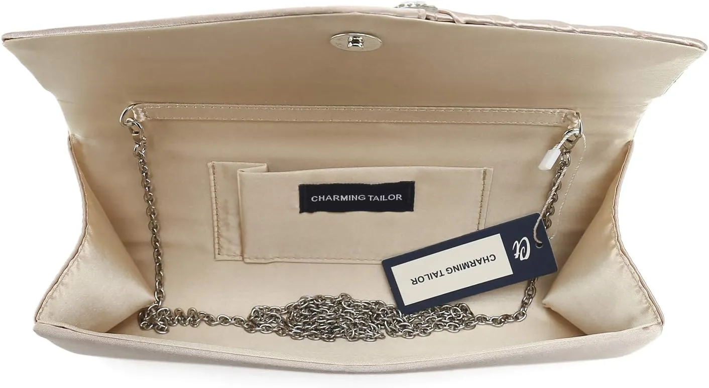 CHARMING TAILOR Evening Handbag Crystal Embellished and Pleated Satin Clutch