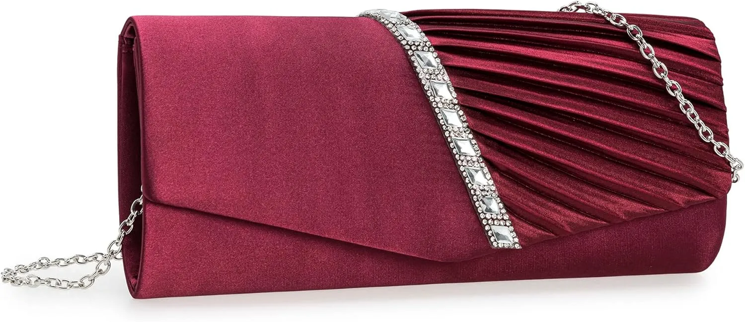 CHARMING TAILOR Evening Handbag Crystal Embellished and Pleated Satin Clutch