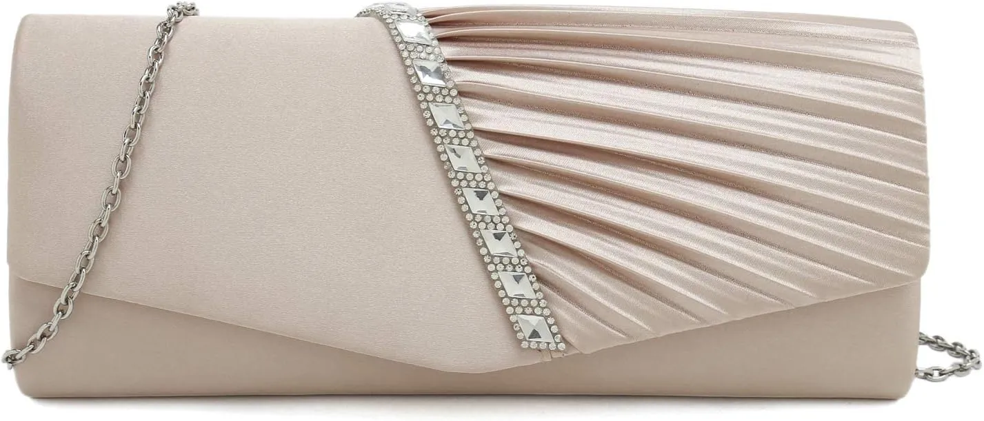CHARMING TAILOR Evening Handbag Crystal Embellished and Pleated Satin Clutch