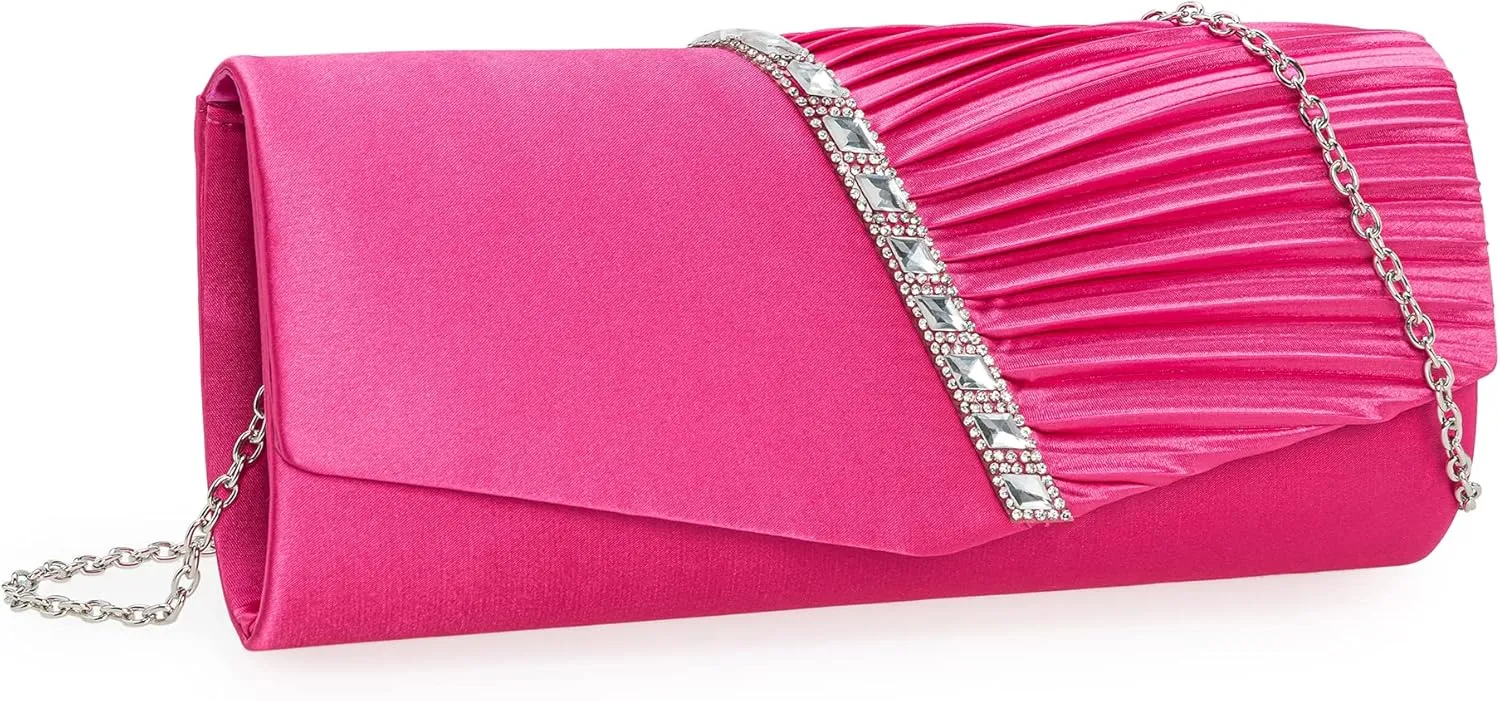 CHARMING TAILOR Evening Handbag Crystal Embellished and Pleated Satin Clutch