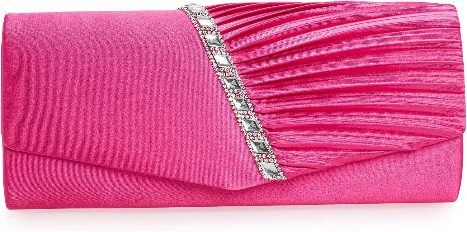 CHARMING TAILOR Evening Handbag Crystal Embellished and Pleated Satin Clutch