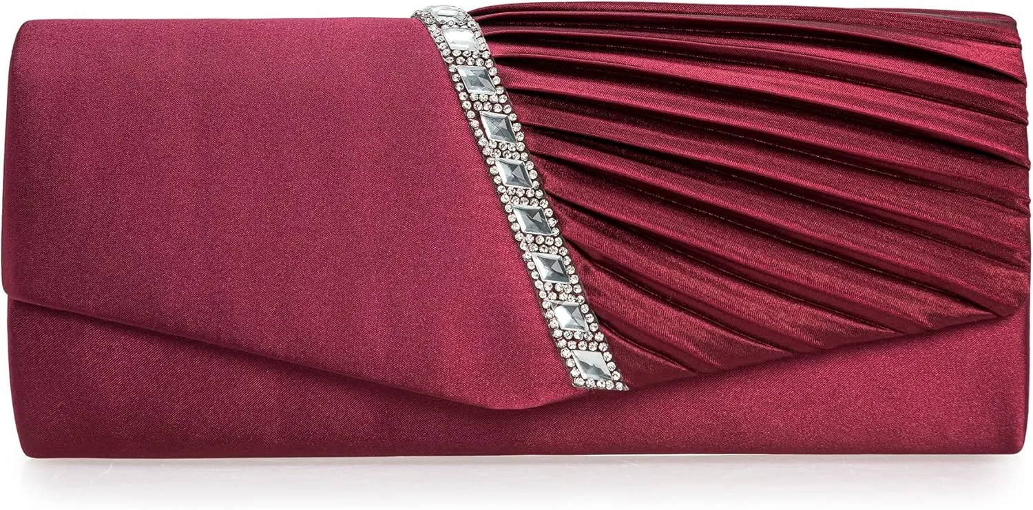 CHARMING TAILOR Evening Handbag Crystal Embellished and Pleated Satin Clutch