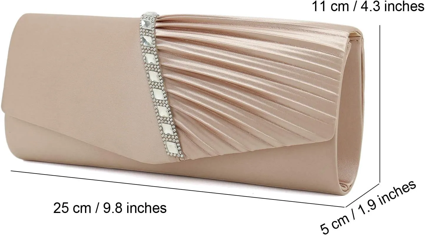 CHARMING TAILOR Evening Handbag Crystal Embellished and Pleated Satin Clutch