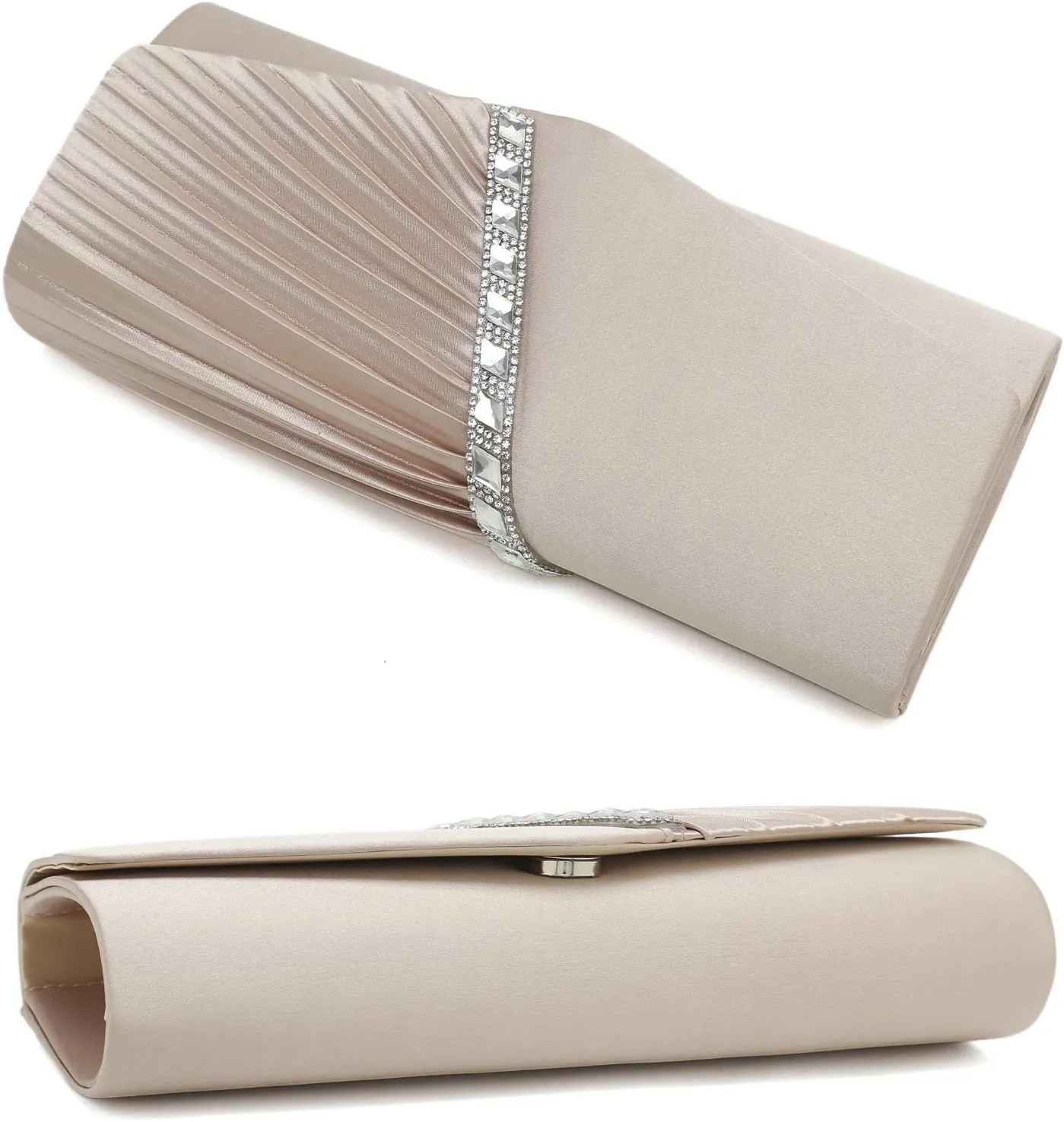 CHARMING TAILOR Evening Handbag Crystal Embellished and Pleated Satin Clutch