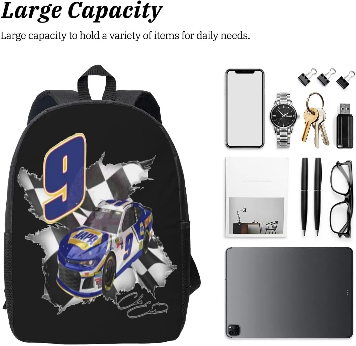 Chase-Elliott-Car-9 Backpack Work Rucksack Computer Bag 17 Inch Travel Backpack Gym Bags