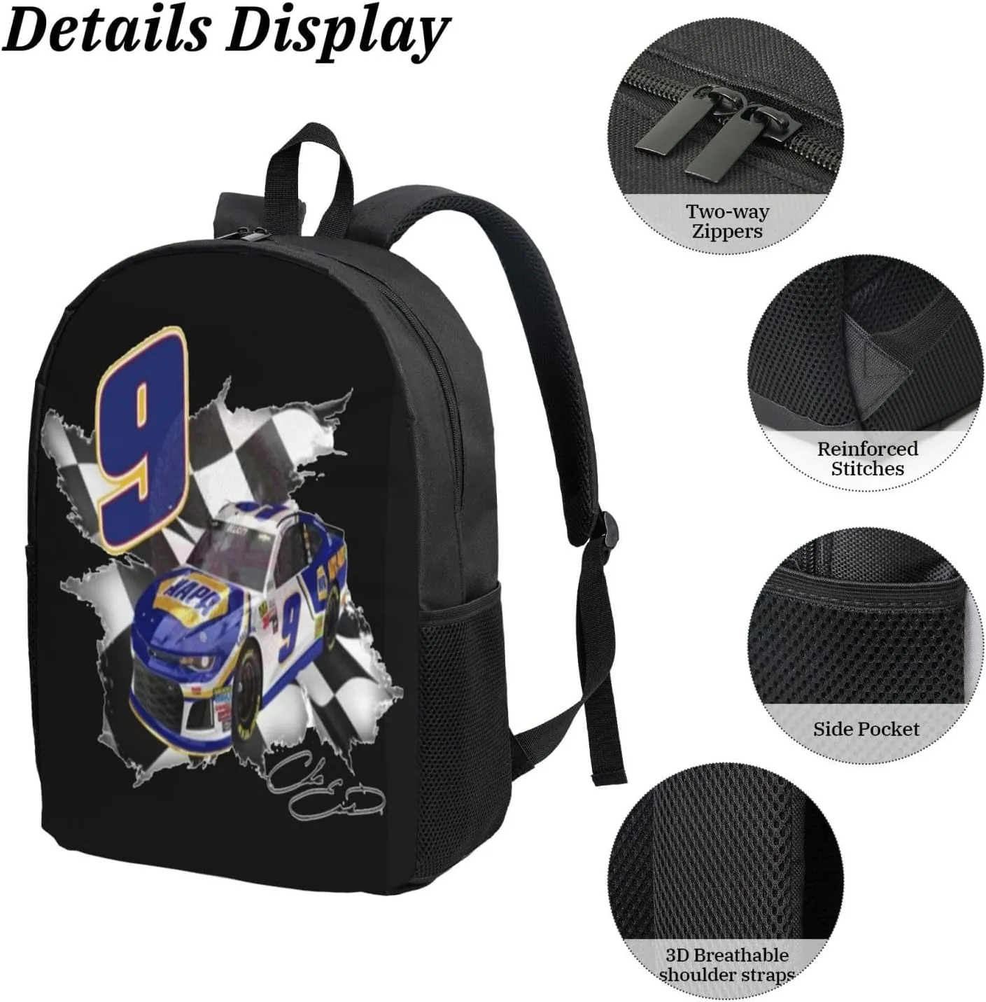 Chase-Elliott-Car-9 Backpack Work Rucksack Computer Bag 17 Inch Travel Backpack Gym Bags