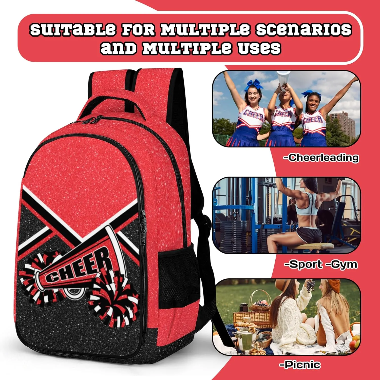Cheer Backpack for Cheerleader, Cheerleading Gift for Teams, Women's Cheer Backpack (Red)