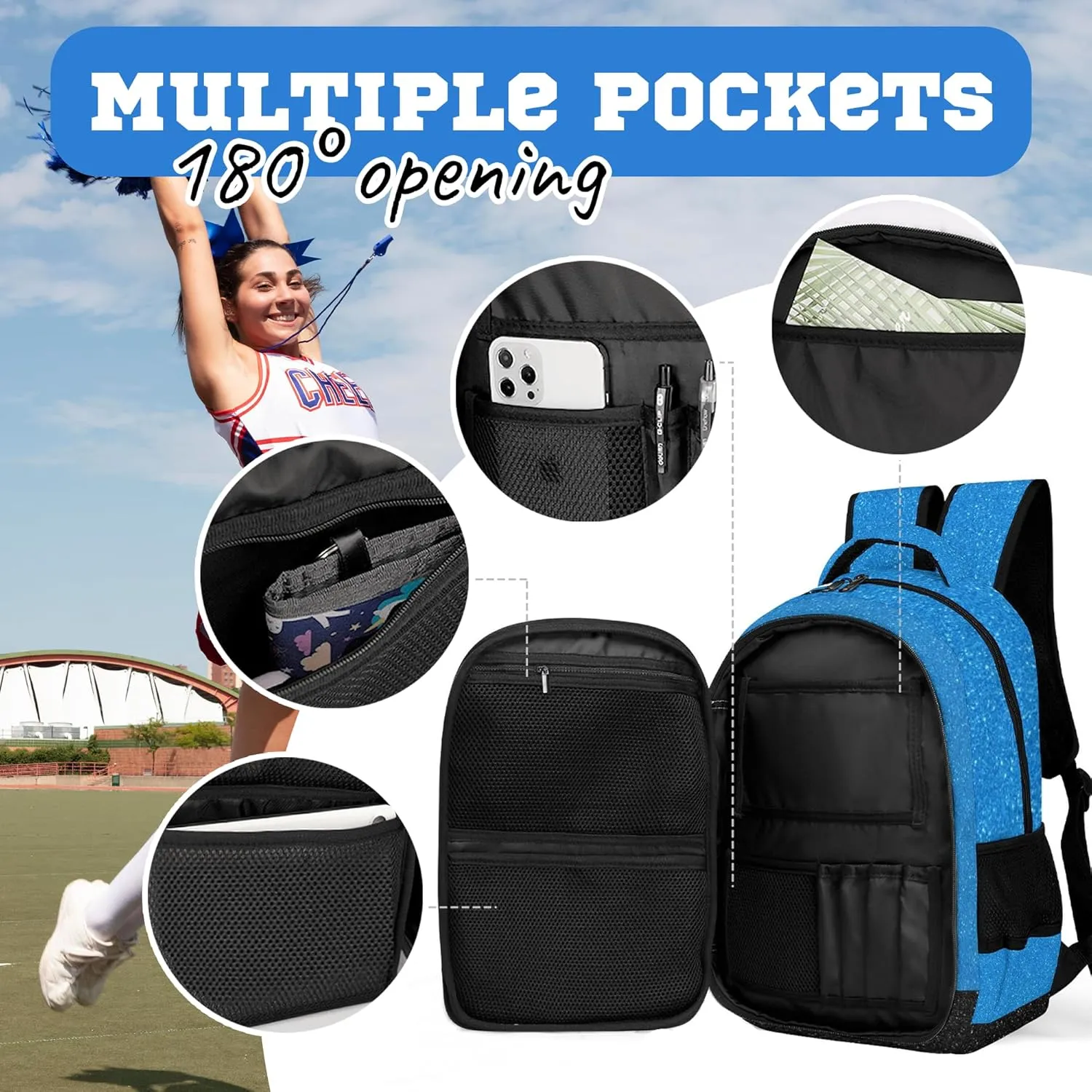 Cheer Backpack for Cheerleader, Cheerleading Gifts for Teams, Women's Cheer Backpack (Blue)