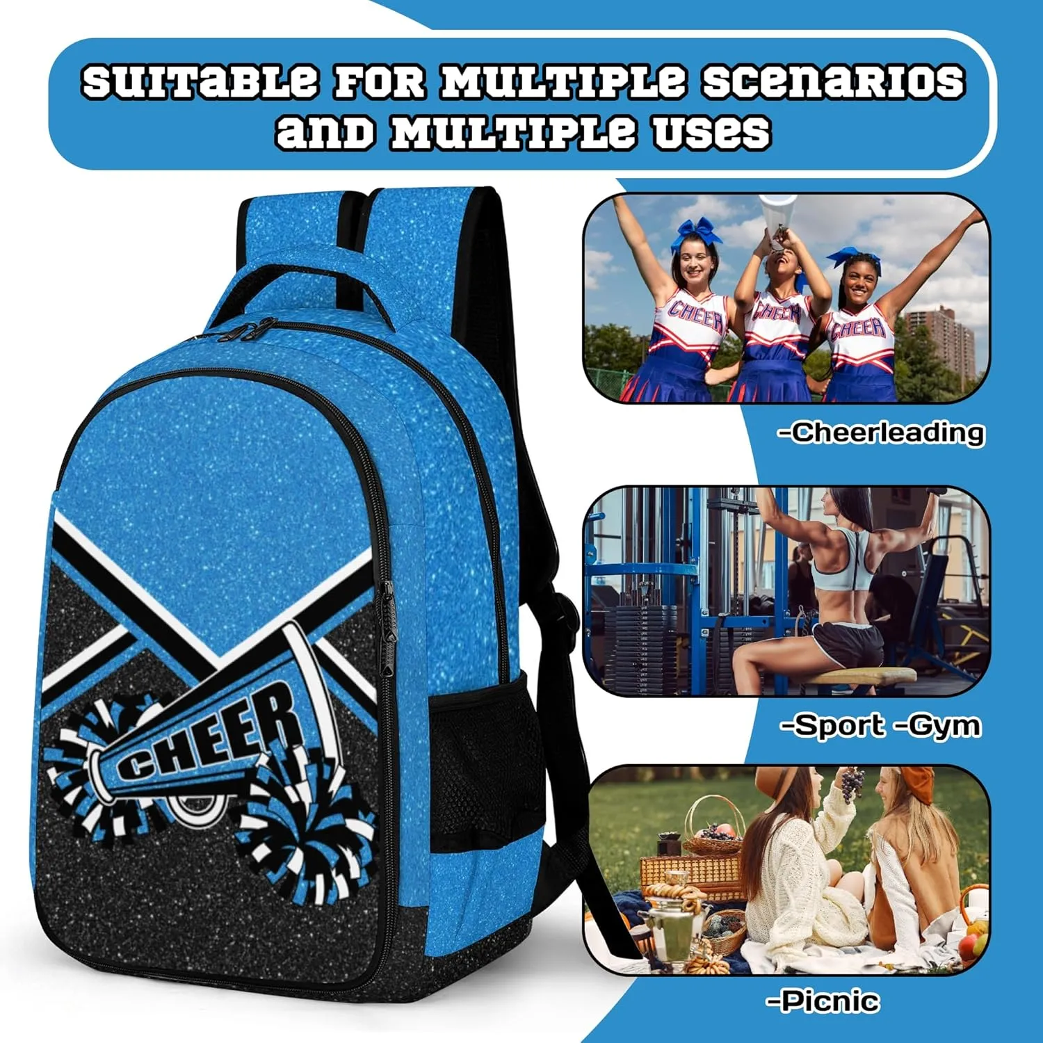 Cheer Backpack for Cheerleader, Cheerleading Gifts for Teams, Women's Cheer Backpack (Blue)