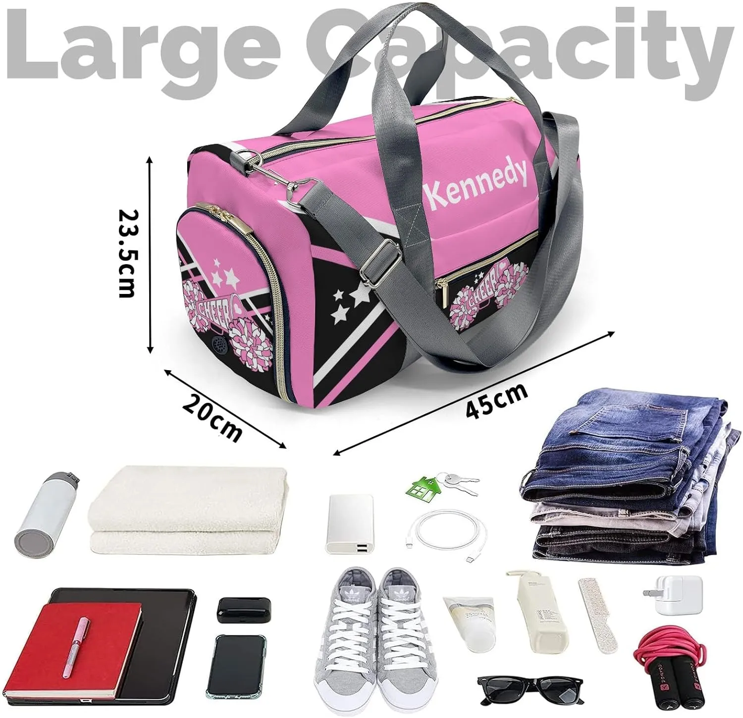 Cheer Cheerleader Pink Duffel Bag Custom Waterproof Sport Gym Travel Perform Training Bags with Name