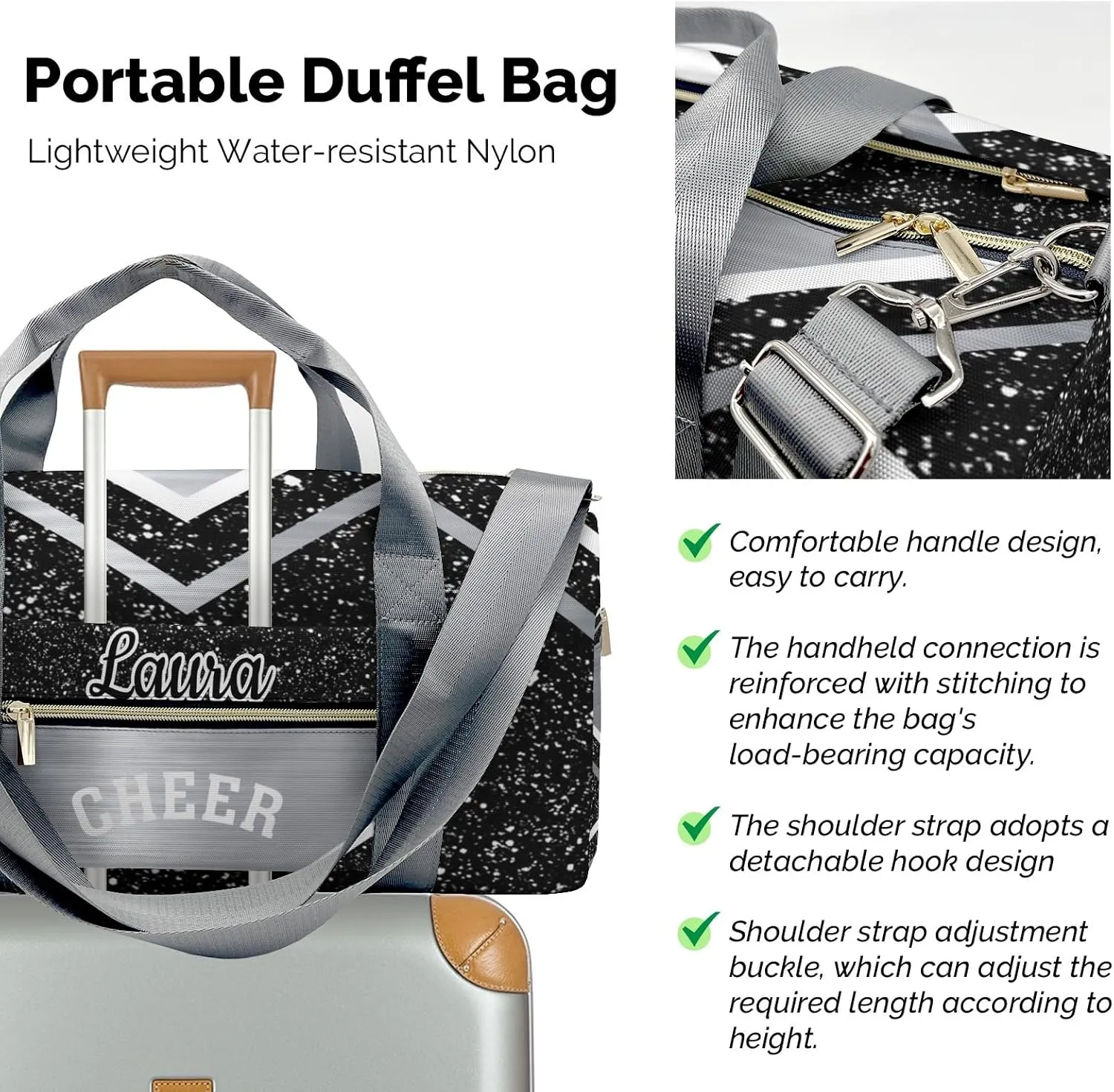 Cheer Cheerleader Sports Duffel Bag Travel Duffle Gym Bags Weekender Bag with Shoe Compartments (Grey)