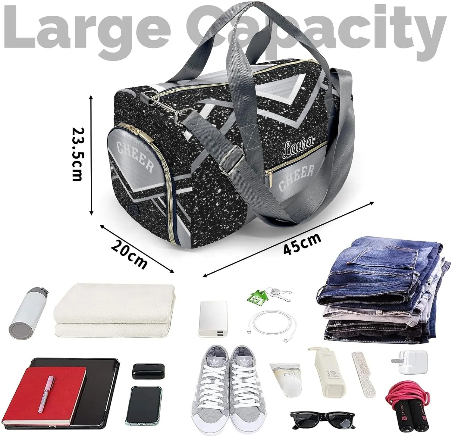 Cheer Cheerleader Sports Duffel Bag Travel Duffle Gym Bags Weekender Bag with Shoe Compartments (Grey)