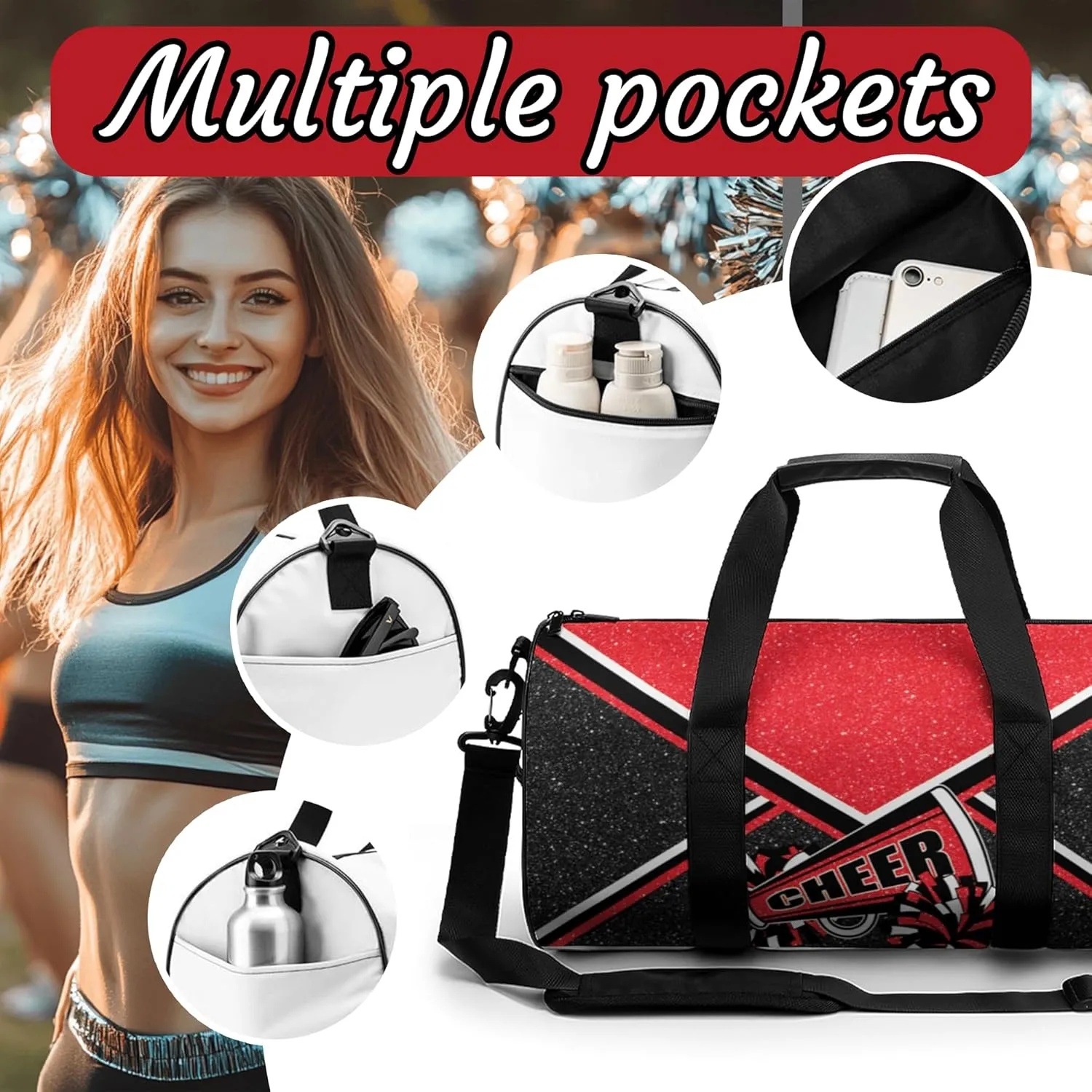 Cheer Duffel Bags for Cheerleaders, Cheerleading Gym Bag, Carry on Weekender Bags, Travel Bag Duffel Bag (Red)
