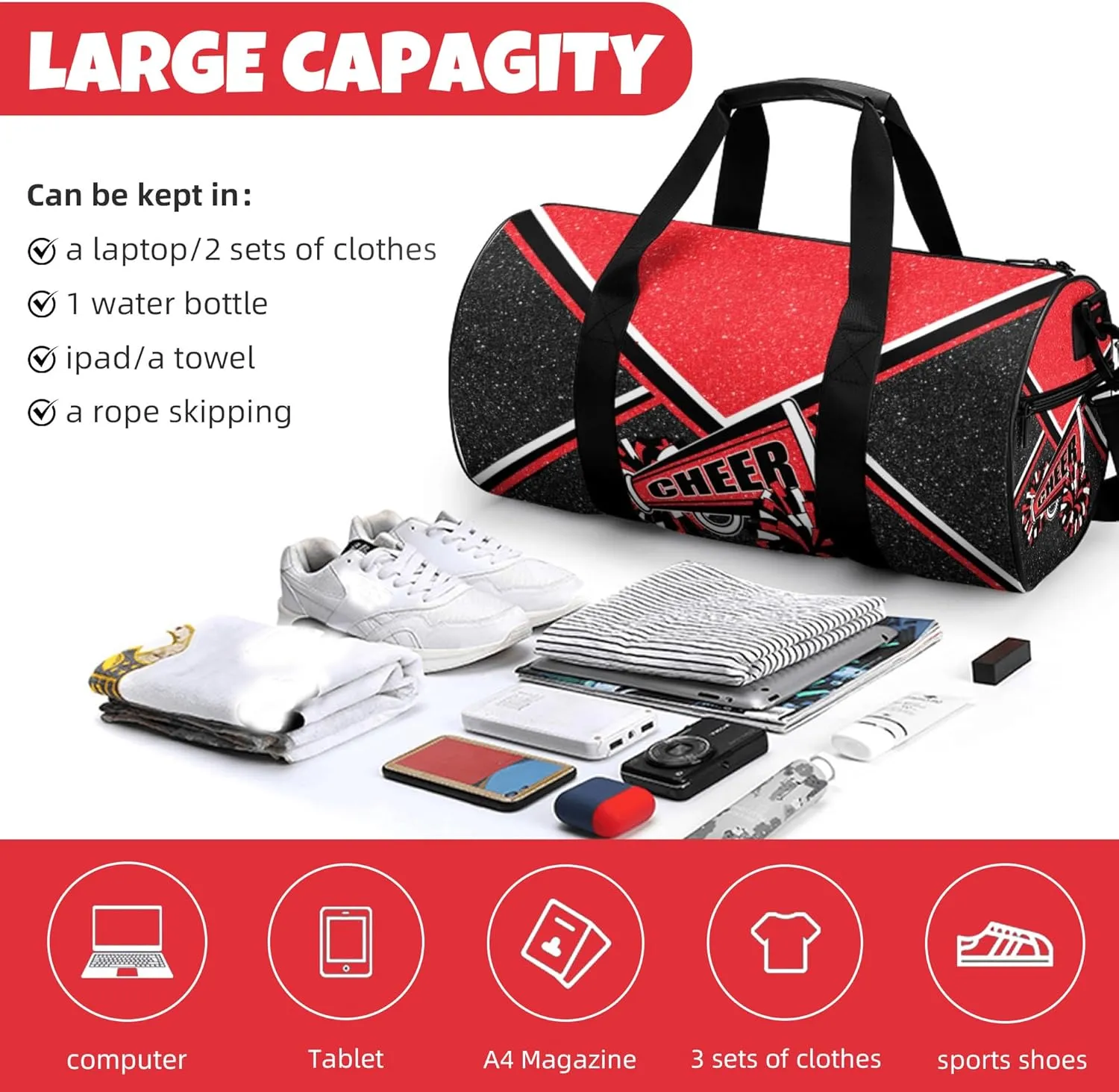 Cheer Duffel Bags for Cheerleaders, Cheerleading Gym Bag, Carry on Weekender Bags, Travel Bag Duffel Bag (Red)
