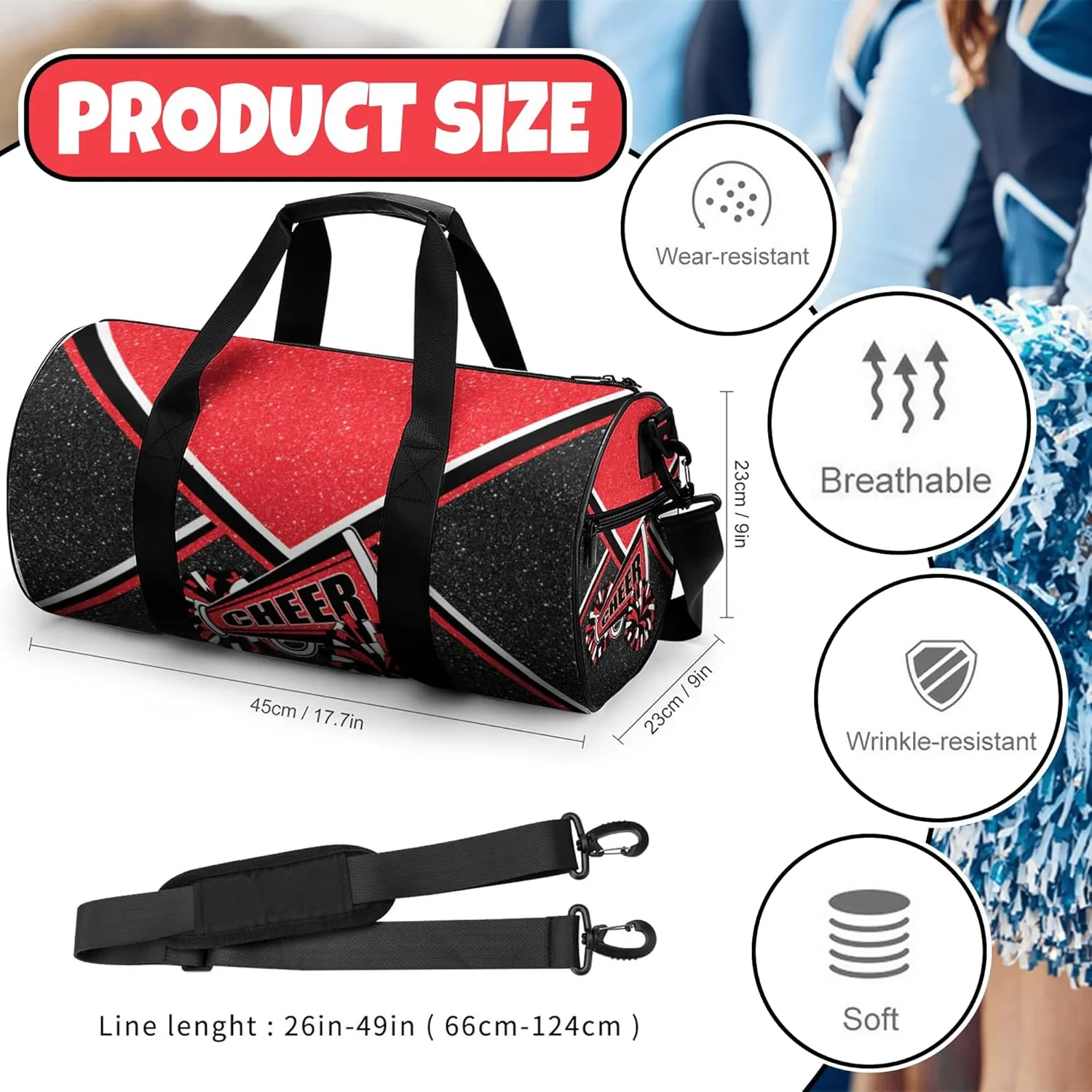 Cheer Duffel Bags for Cheerleaders, Cheerleading Gym Bag, Carry on Weekender Bags, Travel Bag Duffel Bag (Red)